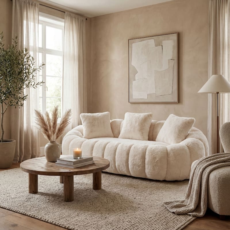 Sofa Cream Faux Fur Channel Tufted Rounded Organic Modern