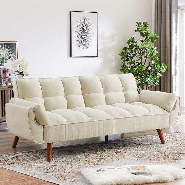 Sofa Cream Split Back Design Tufted Mid Century Modern Futon