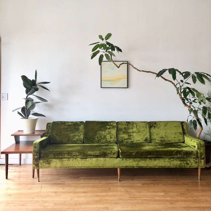 Sofa Crushed Velvet Olive Green Four Cushion Back Tapered Legs