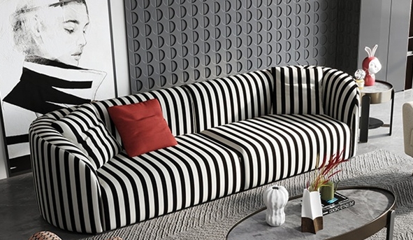 Sofa Curved Silhouette Striped Upholstery Geometric Wall