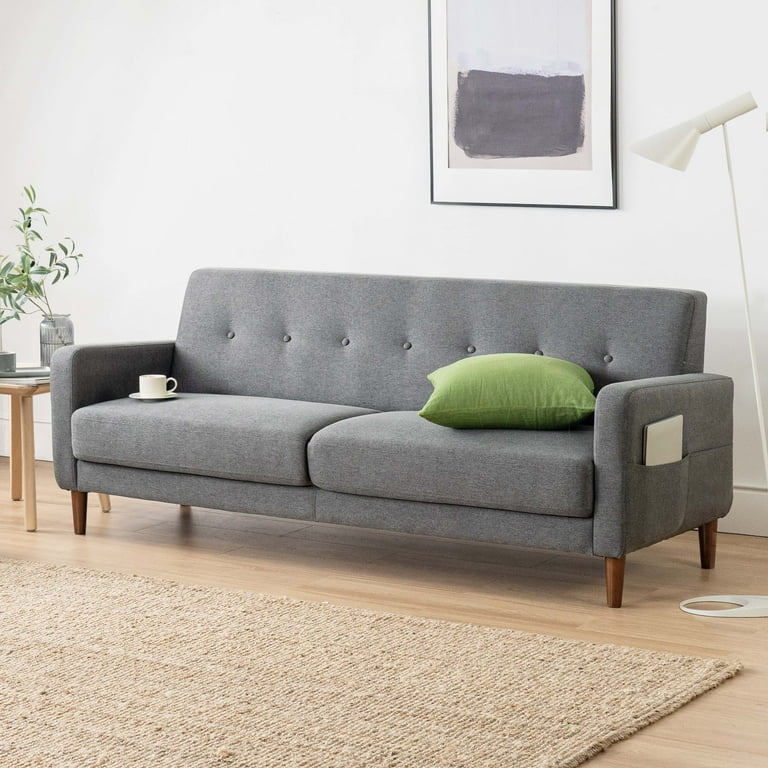Sofa Dark Heathered Fabric Button Tufted Armrest Storage Pockets