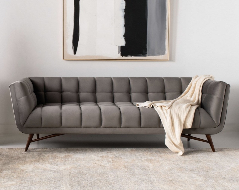 Sofa Dark Velvet Grid Tufting Cross Brace Base Tapered Legs