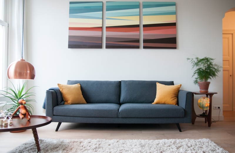 Sofa Deep Blue Velvet Like Tapered Legs Mid Century Modern Style