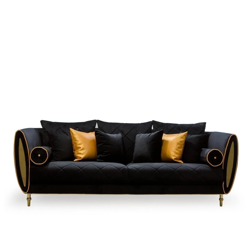 Sofa Diamond Quilting Gold Circular Arm Accents Bolsters