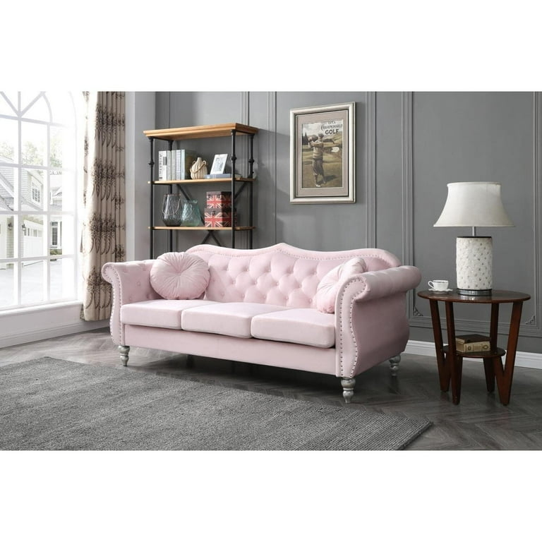 Sofa Diamond Tufted Velvet Silver Nailhead Trim Rolled Tuxedo Arms