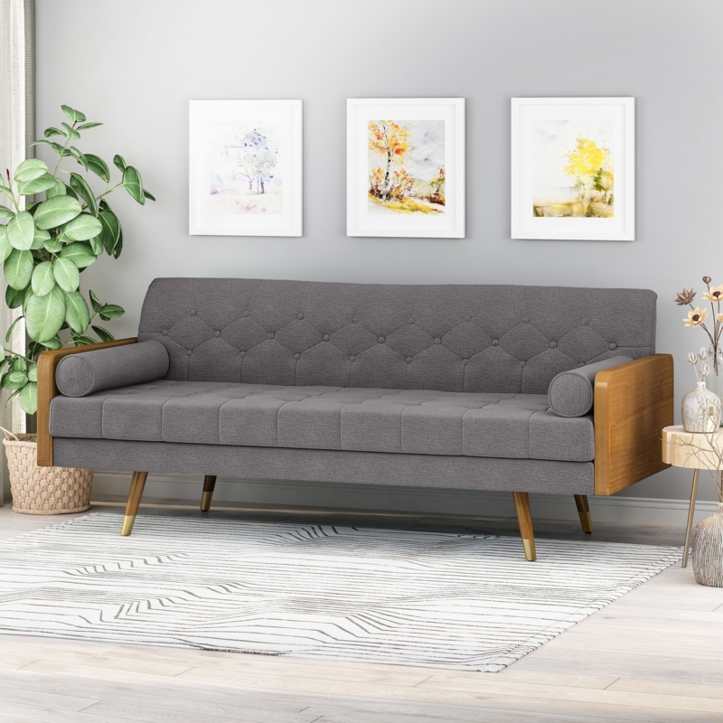 Sofa Diamond Tufted Wood Side Panels Gold Tipped Tapered Legs