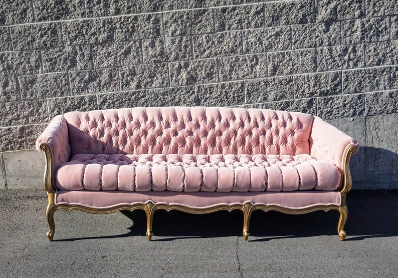 Sofa Dusty Pink Velvet Gold Carved Frame Cabriole Legs Vintage