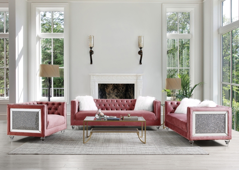 Sofa Dusty Pink Velvet Mirrored Glitter Panels Acrylic Legs Tufted
