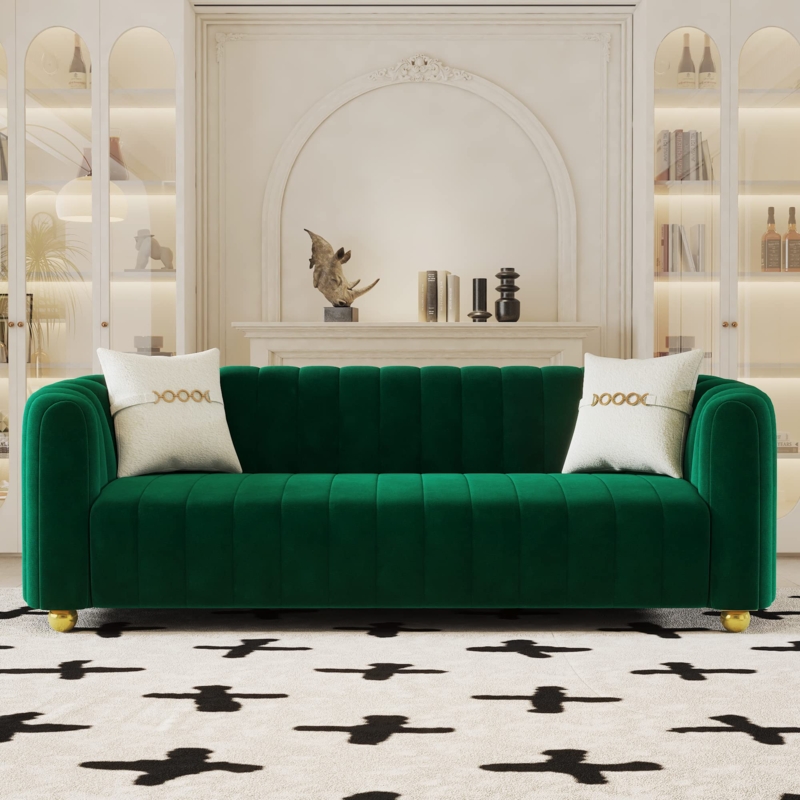 Sofa, Emerald Green Velvet, Channel Tufting, Gold Legs