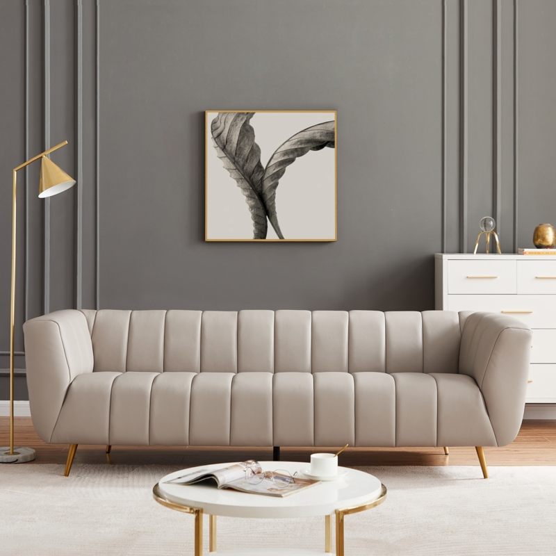 Sofa Faux Leather Channel Tufted Gold Tapered Legs Mid-Century