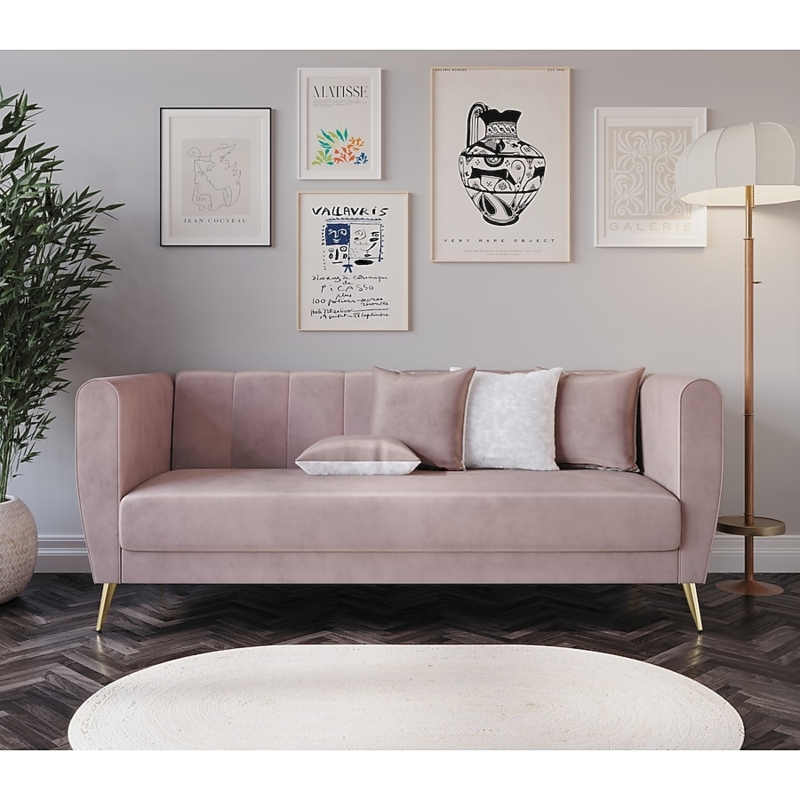 Sofa Flared Arm Couch Blush Pink Velvet Gold Tapered Legs