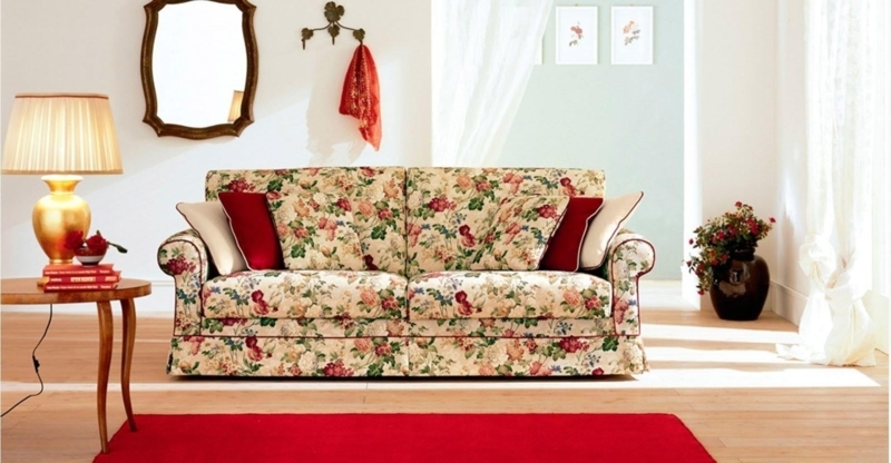Sofa Floral Upholstery Skirted Base, Rolled Arms, English Country Style.