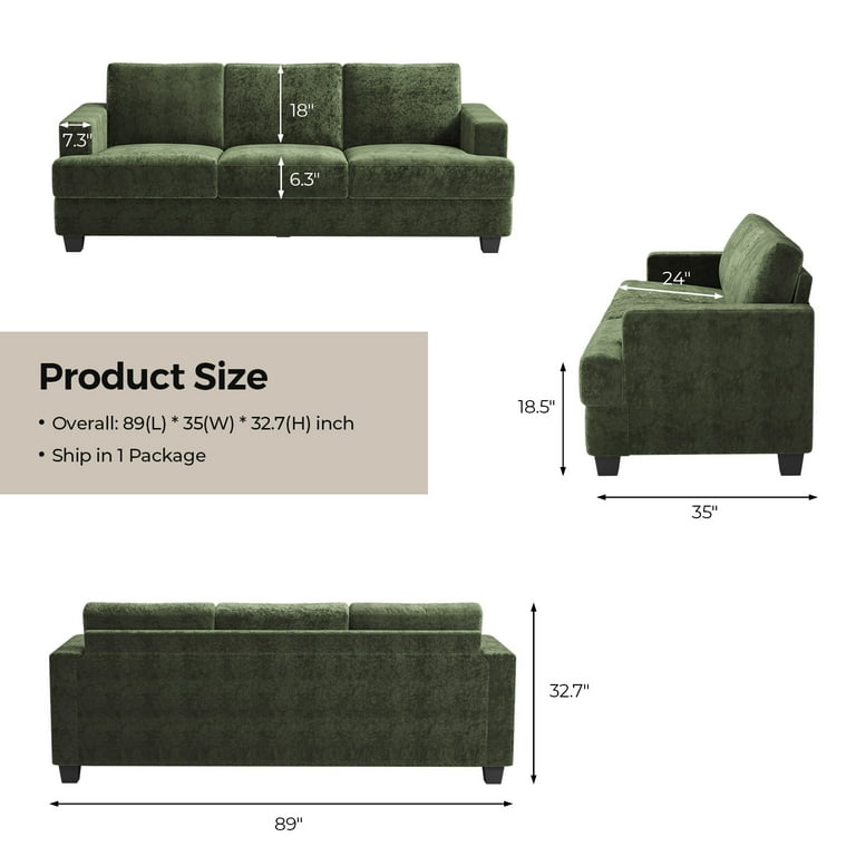 Sofa Forest Green Chenille 89 Inch Extra Deep Seats