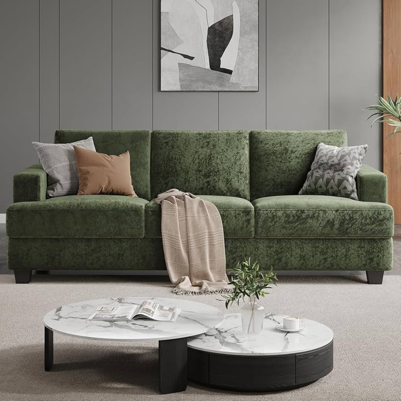 Sofa Forest Green Chenille Texture Three-Seater Deep Seat Earthy