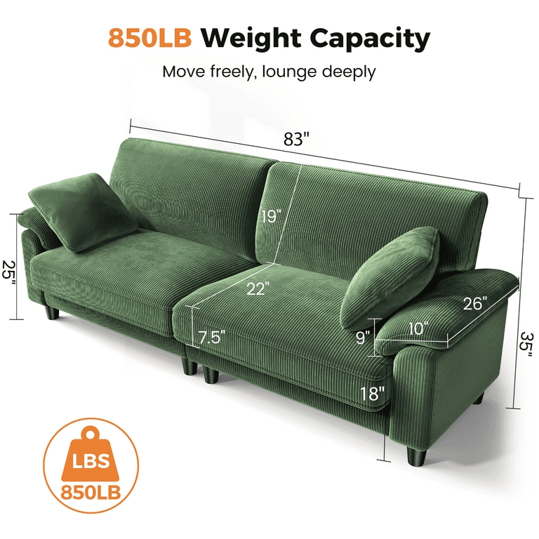 Sofa Forest Green Corduroy Extra Deep Seat Tapered Legs