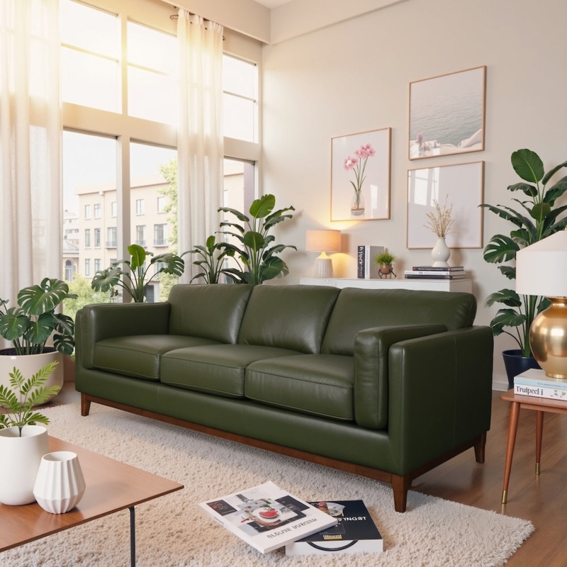 Sofa, Forest Green Leather-Like, Tapered Wood Legs