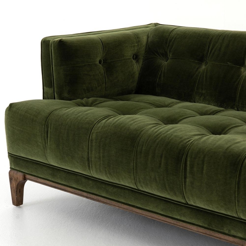 Sofa, Forest Green Velvet, Button Tufted Back, Wood Base
