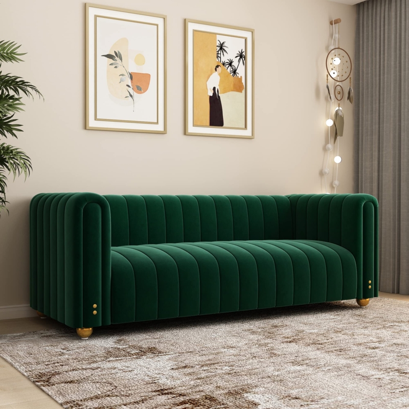 Sofa, Forest Green Velvet, Tuxedo Arms, Channeling, Gold Ball Feet