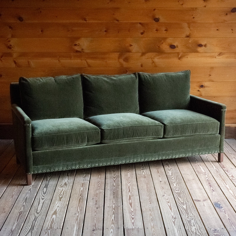 Sofa Forest Green Velvet with Brass Nailhead Trim and Rolled Arms
