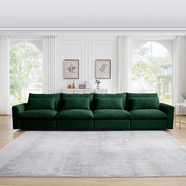 Sofa Four Seater Modular Green Corduroy Deep Seat Lumbar Pillows