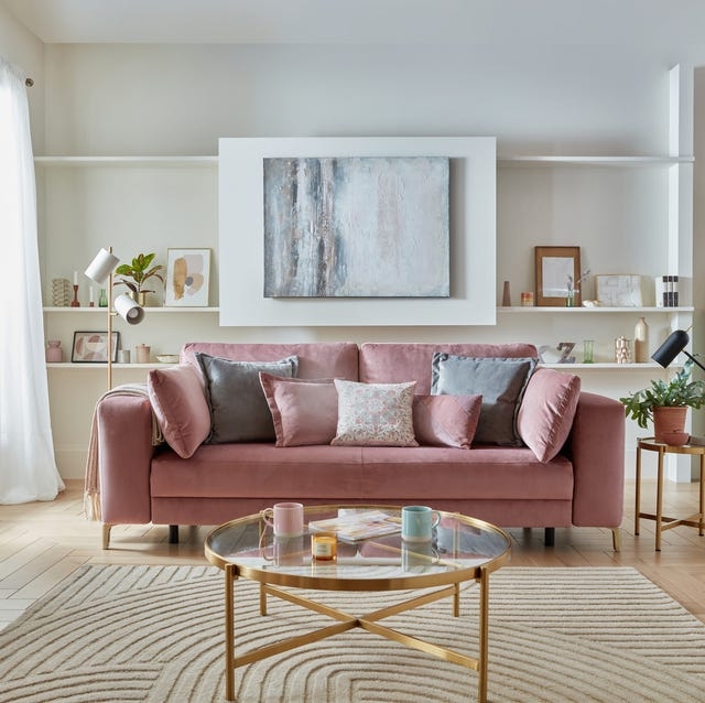 Sofa Gold Tapered Legs Dusty Pink Velvet Track Arms Contemporary