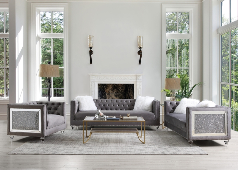 Sofa Gray Fabric Grid Tufting Chrome Legs Bolster Pillows Sleek