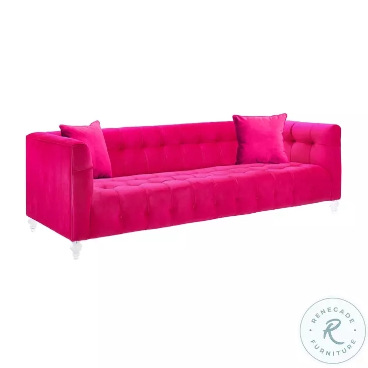 Sofa Hot Pink Velvet All-Over Tufting Tuxedo Arms Acrylic Legs