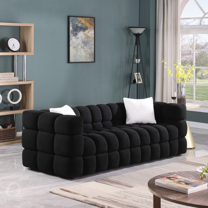 Sofa in Black Boucle, Quilted Grid Marshmallow 3-Seater Couch