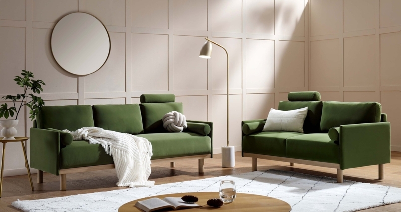Sofa in Fern Green Velvet with Cylindrical Headrests and Tapered Legs