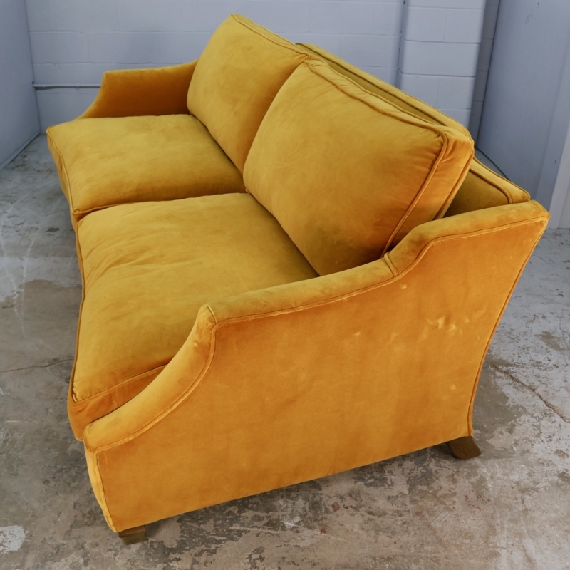Sofa in Golden Yellow Mohair Velvet with Flared Arms and Loose Cushions