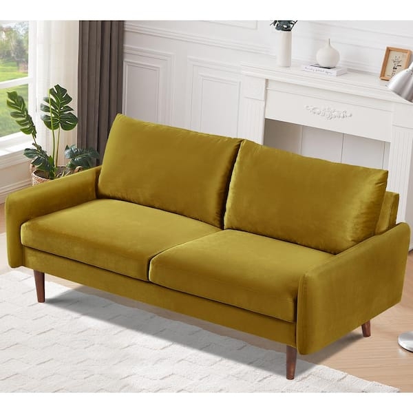 Sofa in Greenish-Yellow Velvet with Square Arms and Tapered Wood Legs