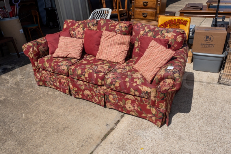 Sofa in Maroon Floral Print with Skirted Base for Country Cottage Style