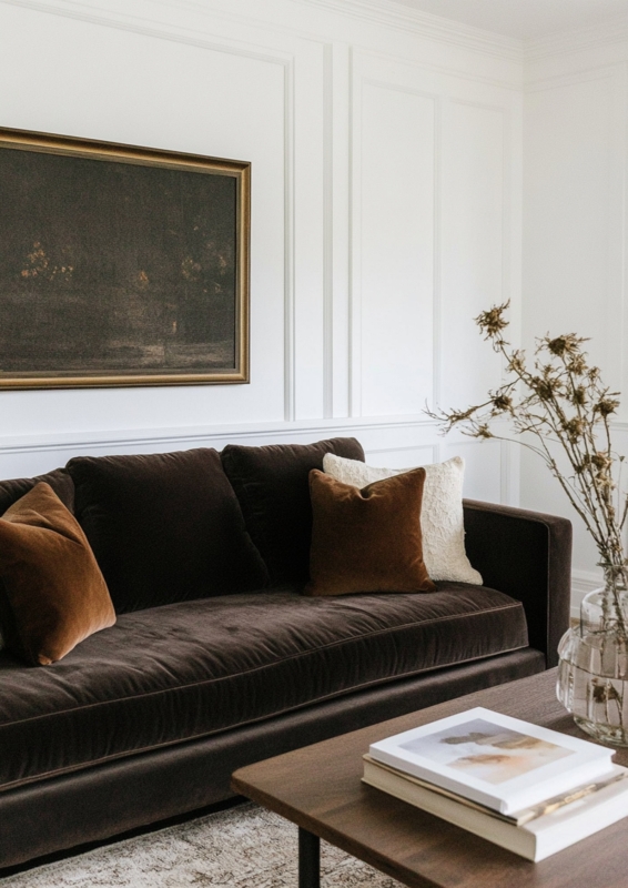 Sofa in Modern Transitional Living Room with White Wall Molding Decor