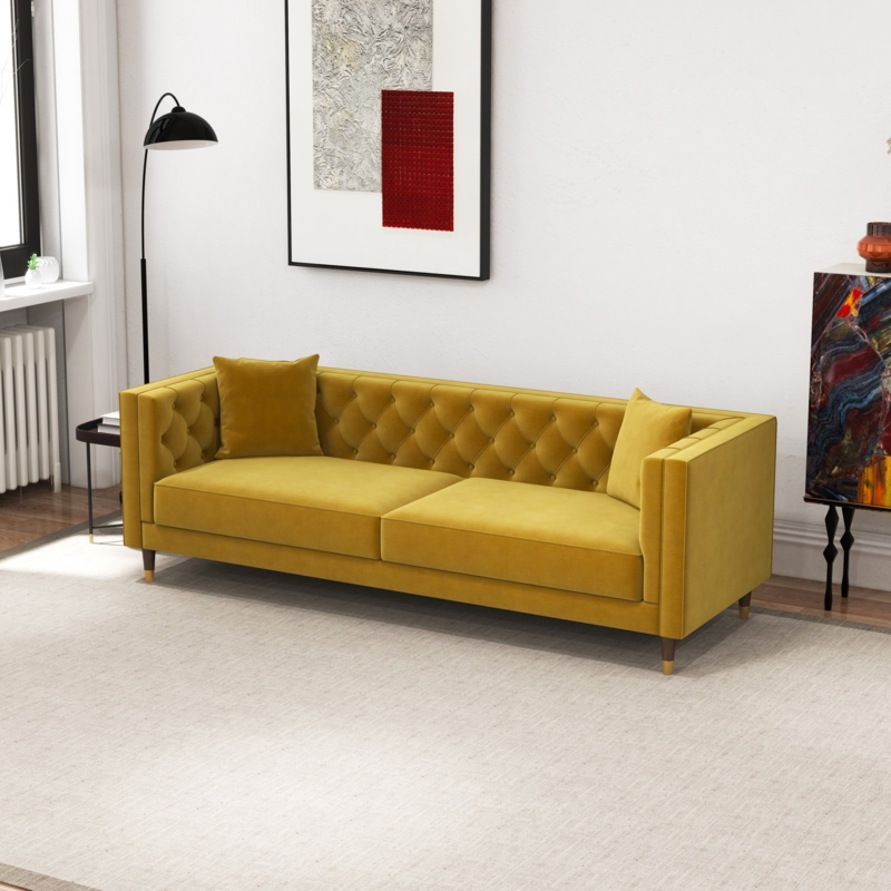 Sofa in Mustard Velvet with Deep Button Tufting and Gold Capped Legs