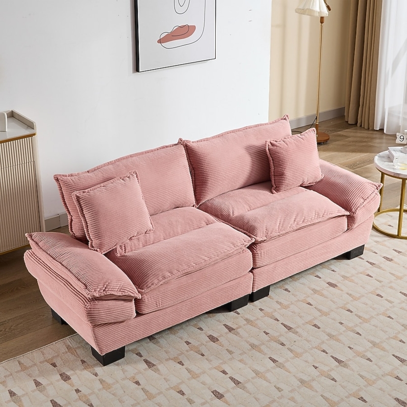Sofa in Pink Corduroy with Deep Ribbed Texture and Overstuffed Silhouette