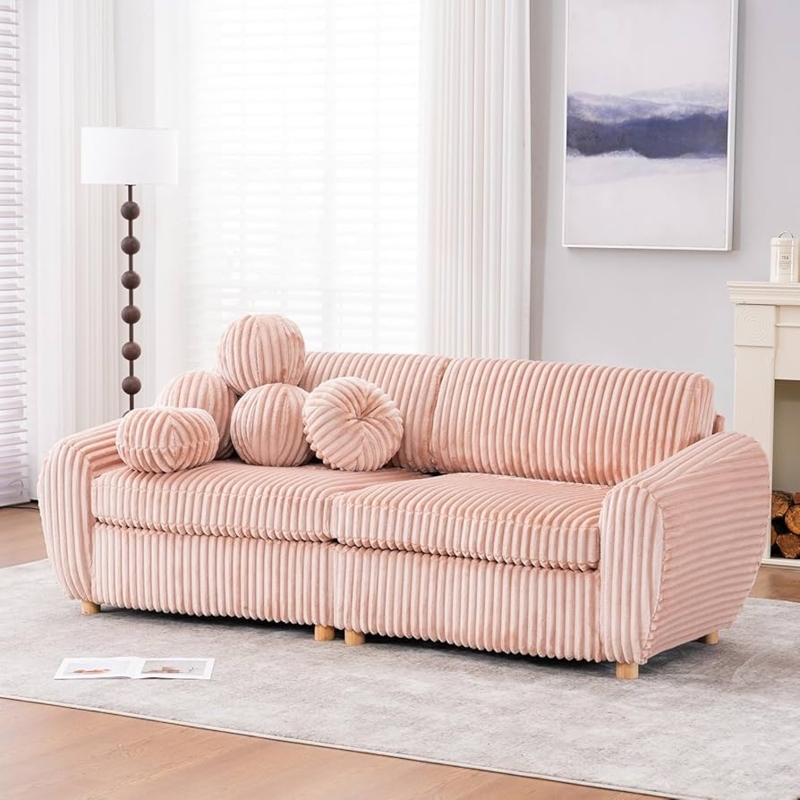 Sofa in Ribbed Corduroy with Spherical Pillows and Pink Upholstery