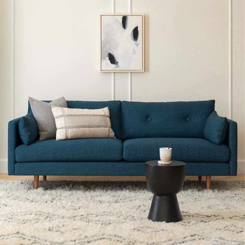 Sofa in Twilight Blue Upholstery with Tapered Legs Mid-Century Style