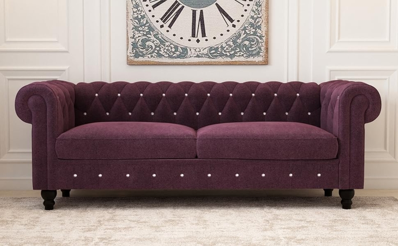 Sofa Jeweled Button Accents Deep Purple Velvet Rolled Arms Glam