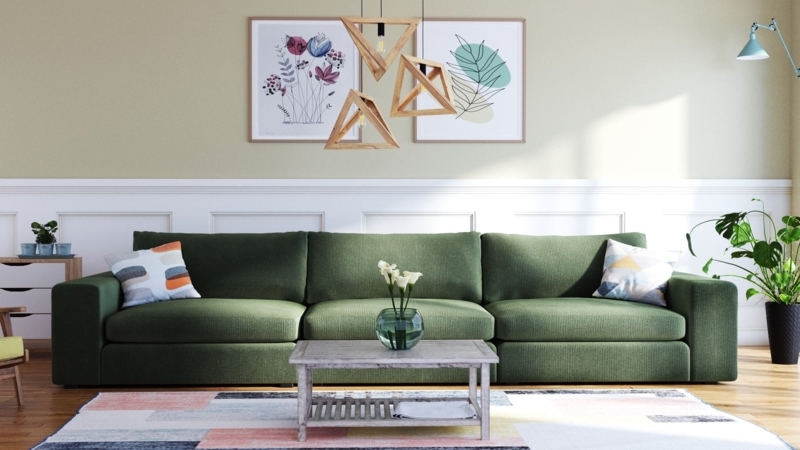 Sofa Juniper Green Corduroy Low Profile Plinth Base Modern