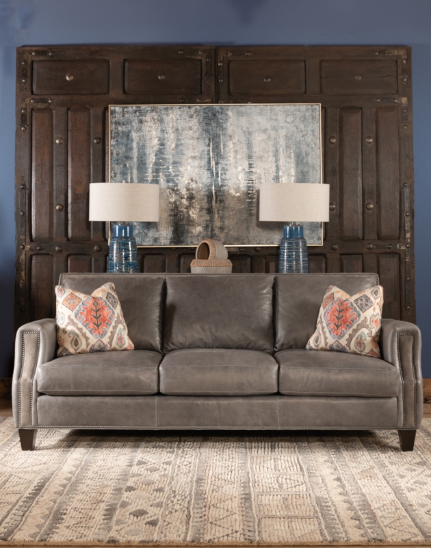 Sofa Leather-Like Nailhead Trim Modern Rustic Distressed Wood