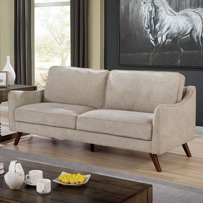 Sofa: Light Gray Flared Arm Couch with Tapered Wood Legs