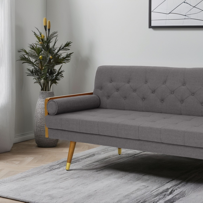 Sofa Linen-Like Weave Button Tufted Bolster Pillows Wood Frame