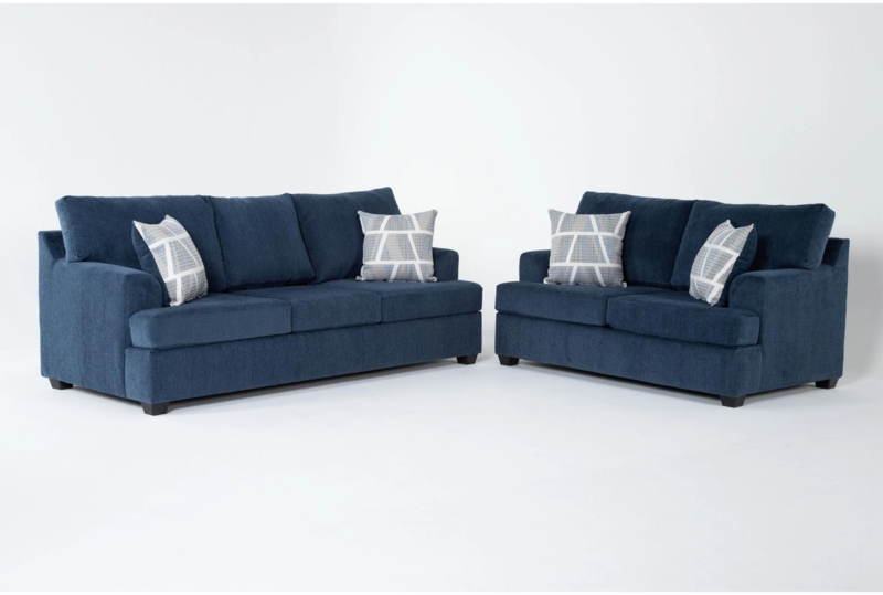 Sofa & Loveseat Set with Square Track Arms in Navy Fabric