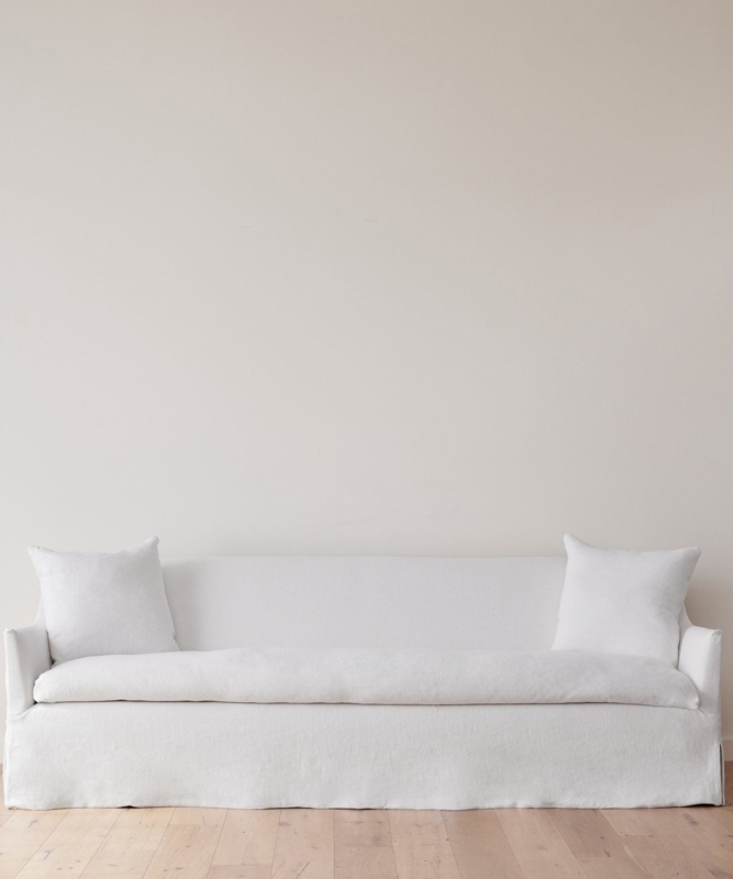 Sofa Low Profile Skirted Base Recessed Arms Linen Look