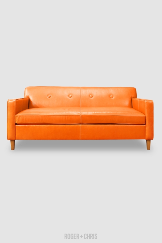 Sofa Mandarin Orange Leather Button Tufted Tapered Wood Legs