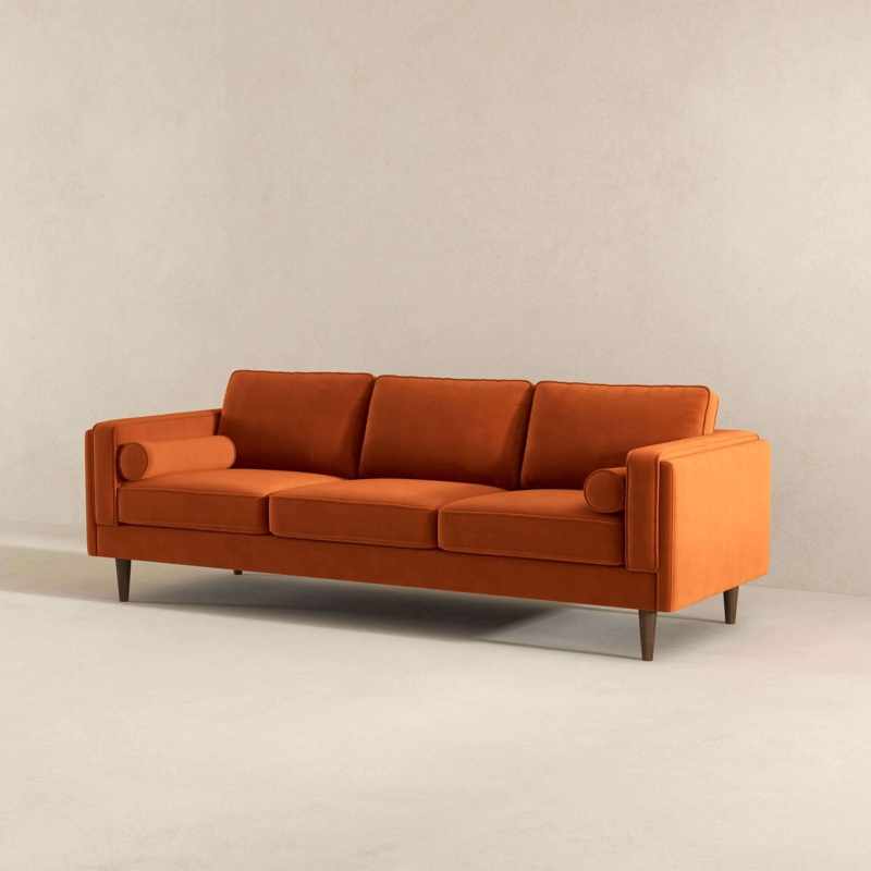 Sofa Mid-Century Burnt Orange Velvet Three-Seater Bolster Pillows