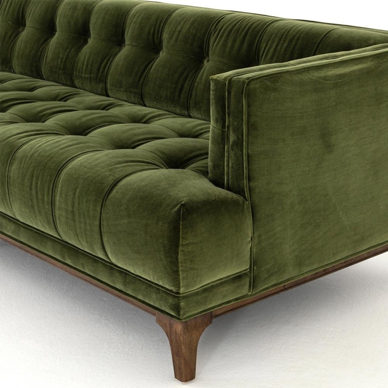 Sofa Mid-Century Forest Green Velvet Blind Tufted Button Details