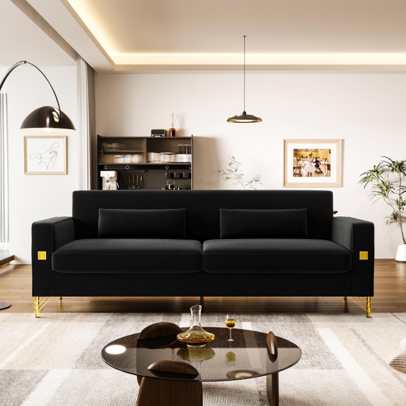Sofa Mid-Century Modern Gold Tapered Legs Square Arm Accents