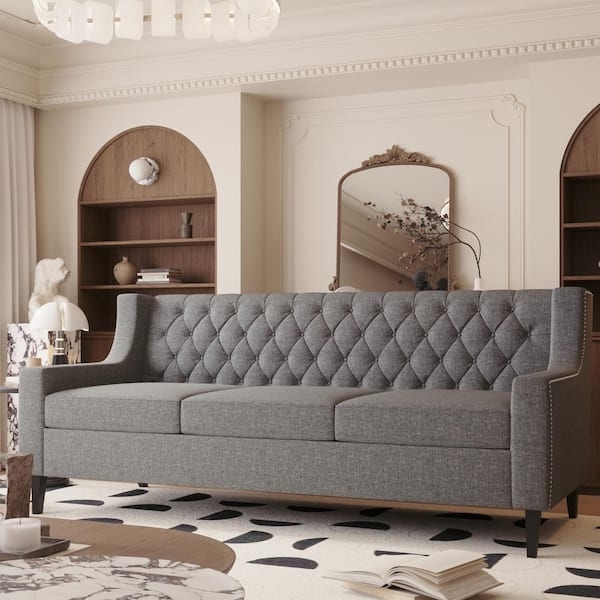Sofa Mid Century Modern Gray Button Tufted Backrest