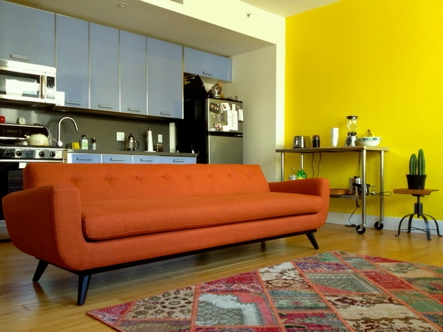 Sofa Mid-Century Modern Orange Tapered Legs Low Profile Eclectic